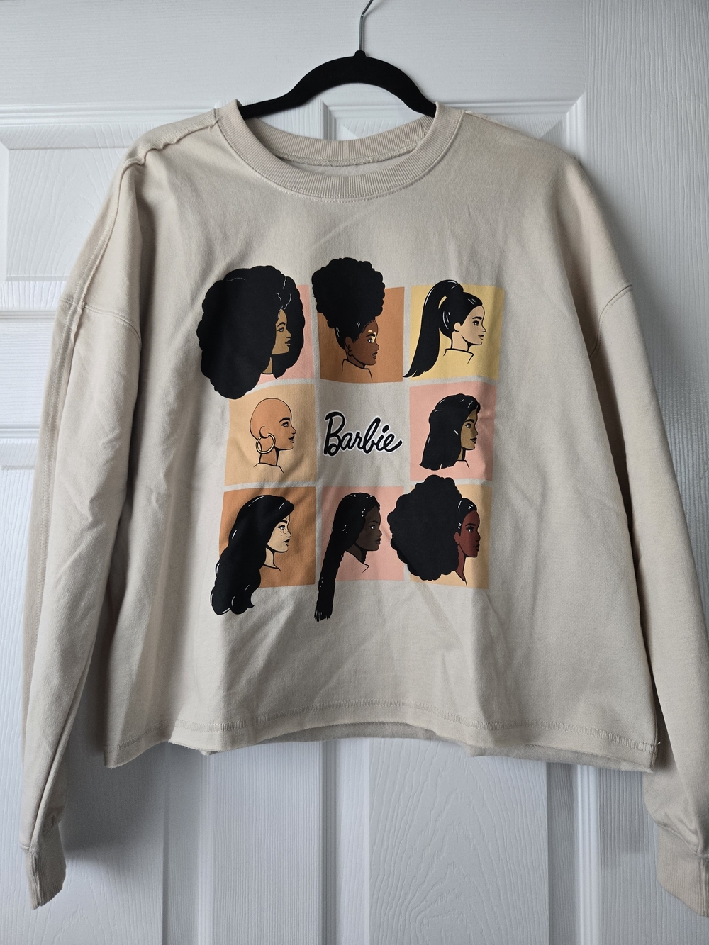 Barbie Cream Graphic Long-Sleeve Sweatshirt with Multicolor Portrait Panels
